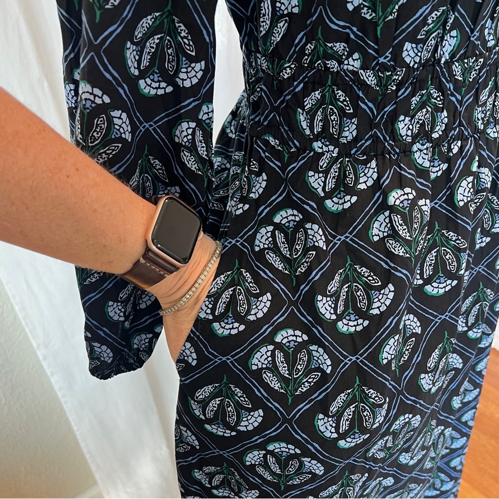 J. Crew Black Dress with Teal Pattern, Long Sleeve Maxi with Pockets Size 8 NWT - Picture 7 of 12
